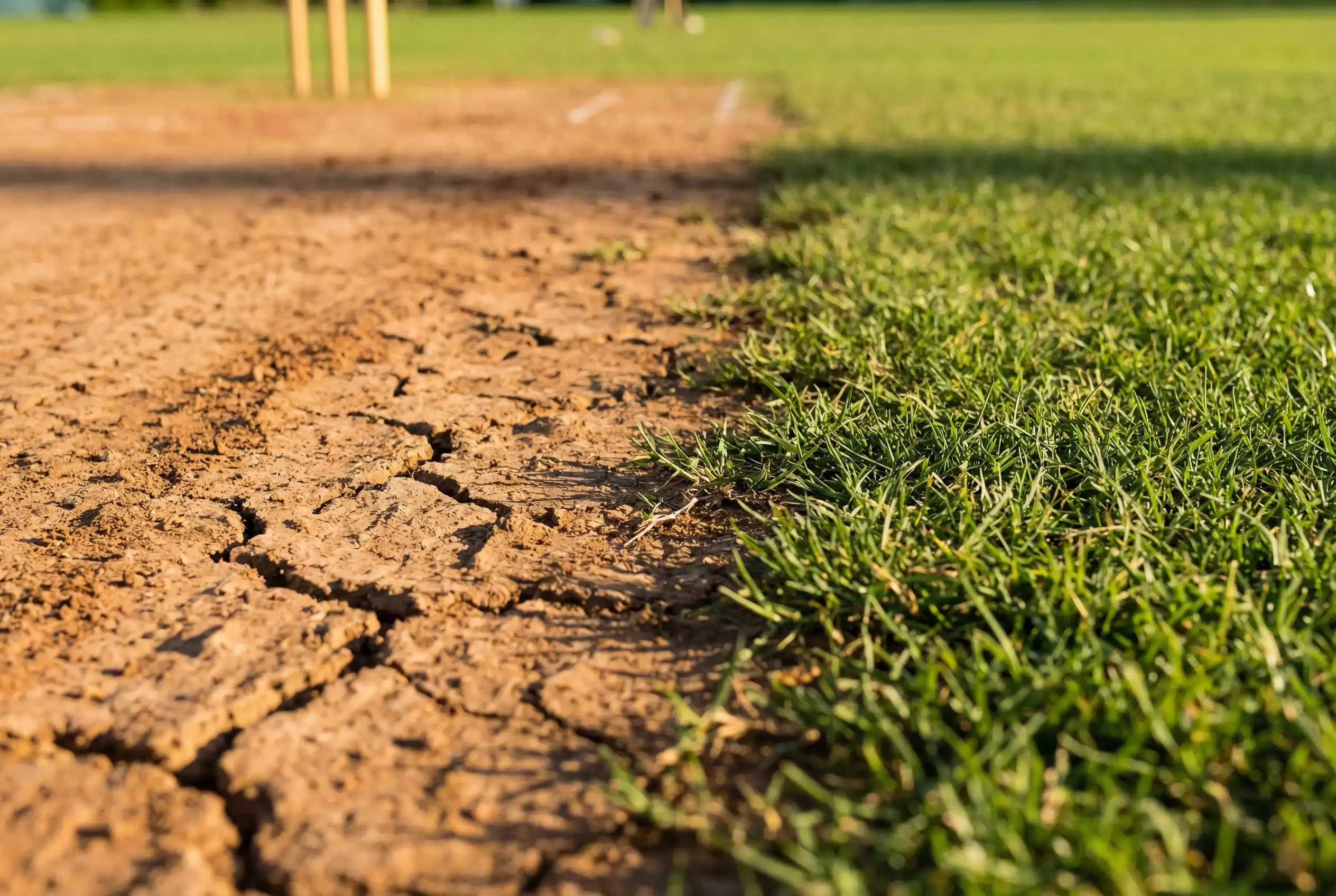 Nahaufnahme eines Cricket-Pitch mit sichtbaren Grasnarben und Rissen im trockenen Boden