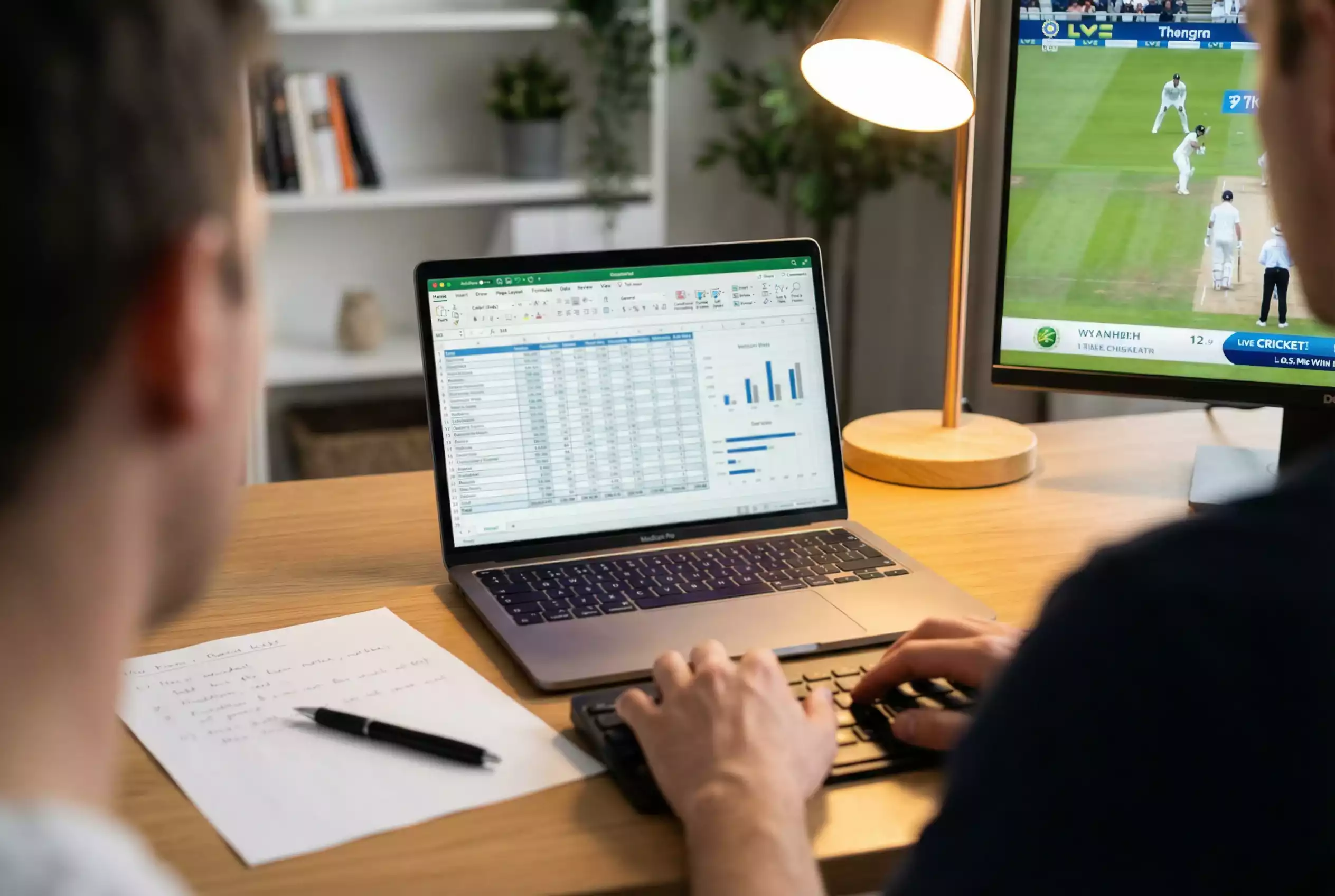 Analyst prüft Cricket-Statistiken und Spielerform auf einem Laptop vor dem Wettabschluss